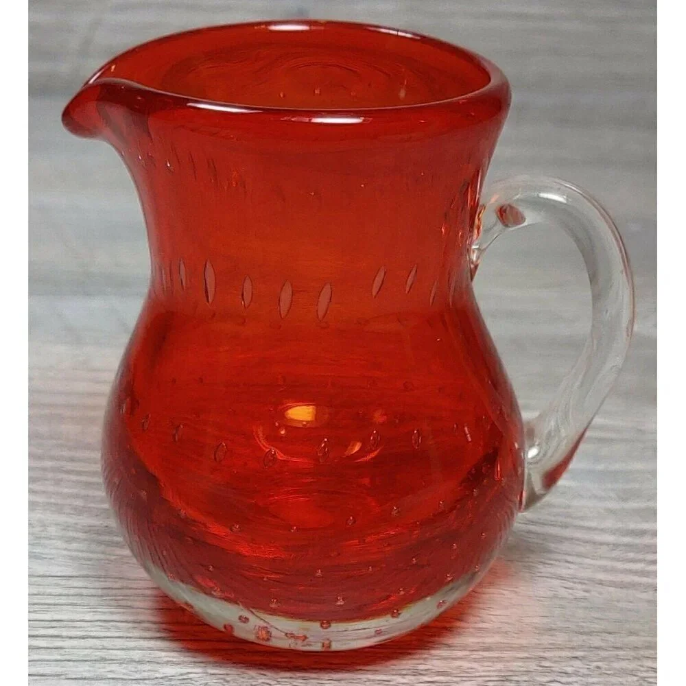 Lefton Red Glass Controlled Bubbles Creamer Hand Blown Mini Pitcher Handle VTG